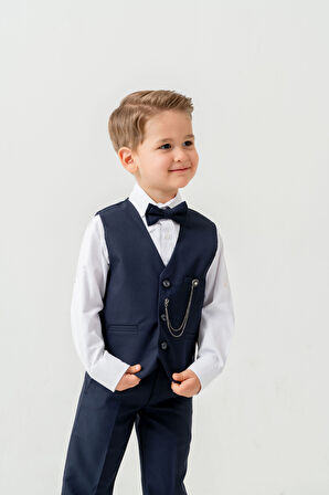 Erkek Çocuk Yelekli Slim Fit Takım Elbise – 4 Parça (Yelek, Pantolon, Gömlek, Papyon) TE.7026