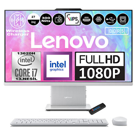 Lenovo Ideacentre Aıo 27IRH9 Intel Core I7-13620H Ddr5 32GB 1tb SSD Intel UHD Graphics 27 Inc Fhd IPS Freedos  Bulut Grisi All In One Bilgisayar F0HM0048TRF11 + Zetta Flash Bellek
