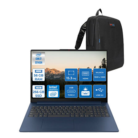 Lenovo Ideapad Slim 3 15IRH10 Intel Core I7 13620H 56GB 256GB SSD Freedos 15.3" Wuxga (1920X1200) IPS 300NITS Taşınabilir Bilgisayar 83K10061TRF13 + Zetta Çanta