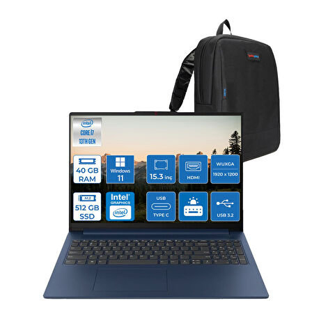 Lenovo Ideapad Slim 3 15IRH10 Intel Core I7 13620H 40GB 512GB SSD Windows 11 Home 15.3" Wuxga (1920X1200) IPS 300NITS Taşınabilir Bilgisayar 83K10061TRH10 + Zetta Çanta