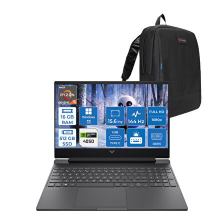 Hp Victus Gaming 15-FB3013NT Amd Ryzen 5 8645HS 16GB Ddr5 512GB SSD Windows 11 Home RTX4050 6gb 15.6" Fhd (1920X1080) 144HZ IPS 300NİT Taşınabilir Bilgisayar B82WGEAH01 + Zetta Çanta
