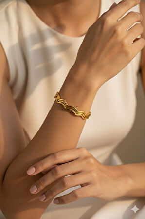 3 Lü, Kare Kesit, Zik Zak, Paslanmaz Ajda Bilezik 161, Çap 60 Mm, Altın Renk