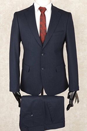 Jan Carlucci Slim Fit Mono Yaka-Çift Yırtmaç Lacivert  Kareli Yelekli Drop 6  Takım Elbise