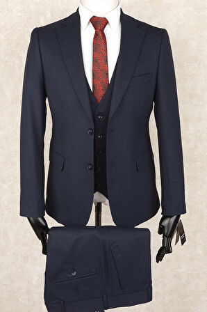 Jan Carlucci Slim Fit Mono Yaka-Çift Yırtmaç Lacivert  Kareli Yelekli Drop 6  Takım Elbise