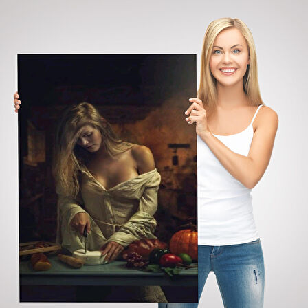 Peynir Kesen Güzel Kadın Dekoratif Duvar Tablosu-6299