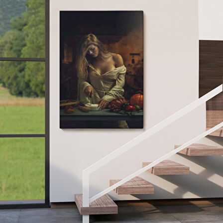 Peynir Kesen Güzel Kadın Dekoratif Duvar Tablosu-6299