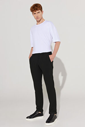 Erkek Siyah Slim Fit Dar Kesim Gofre Desenli Esnek Beli Bağlamalı Pantolon