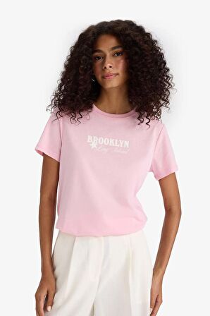 Regular Fit Bisiklet Yaka Slogan Baskılı Penye Kısa Kollu Tişört