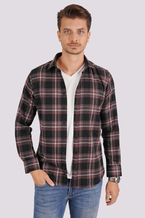 Bordo Beyaz Çizgili Slimfit Oduncu Gömlek