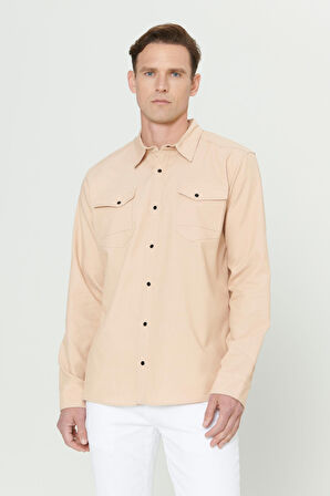 Erkek Bej Slim Fit Dar Kesim Klasik Yaka Pamuklu Gömlek