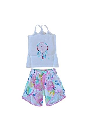 Beyaz Kız Çocuk Ince Askılı Şortlu Pijama Takımı