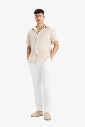 DeFacto %100 Pamuk Keten Görünümlü Pantolon Beli Lastikli Slim Fit Dar Kesim Cepli Düz Paça D2671AX25SMER85