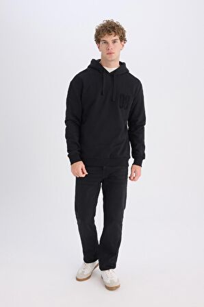DeFacto Siyah Relax Fit Kapüşonlu Baskılı Kalın Sweatshirt D2682AX24AUBK34