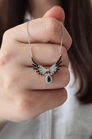 925 Ayar Gümüş Yeşil Damla ve Kanat Tasarım Kadın Kolye