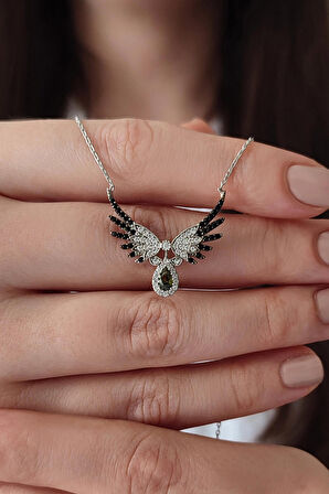 925 Ayar Gümüş Yeşil Damla ve Kanat Tasarım Kadın Kolye