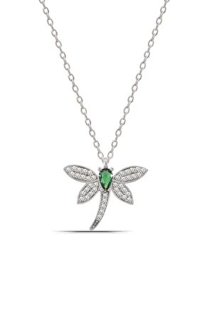 Yeşil Taş Detaylı Yusufçuk 925 Ayar Gümüş Kadın Kolye