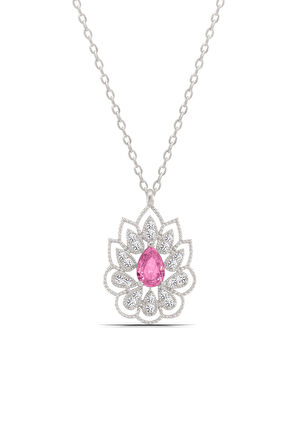 Montür Pembe Damla Taşlı Lotus Çiçeği 925 Ayar Gümüş Kadın Kolye