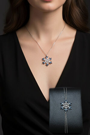 Kar Tanesi Mavi Renk Kolye ve Bileklik 925 Ayar Gümüş Kadın Set
