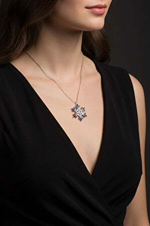 Kar Tanesi Mavi Renk Kolye ve Bileklik 925 Ayar Gümüş Kadın Set