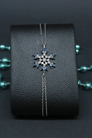 Kar Tanesi Mavi Renk Kolye ve Bileklik 925 Ayar Gümüş Kadın Set