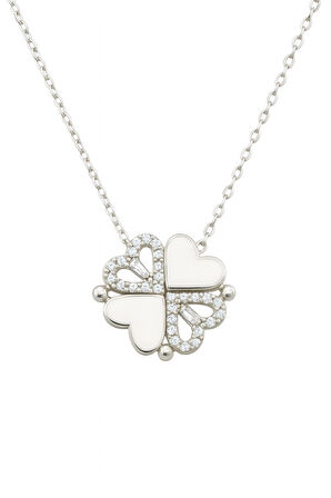 Mıknatıslı Kalp Yapraklı Baget Yonca Tasarım 925 Ayar Gümüş Kadın Kolye