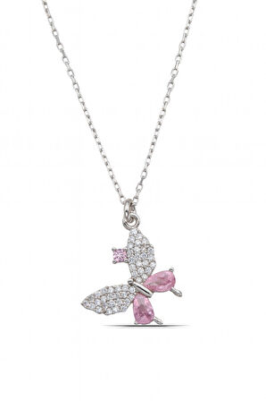 Pembe Taşlı 925 Ayar Gümüş Kadın Kelebek Kolye