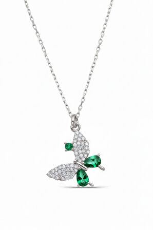 Zümrüt Yeşili Kelebek  925 Ayar Gümüş Kadın Kolye
