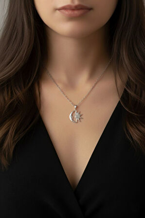 Hilal ve Güneş Tasarım 925 Ayar Gümüş Kadın Kolye