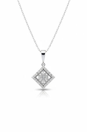 Baget Taşlı Kare Minimal Tasarım 925 Ayar Gümüş Kolye