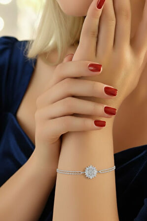 Pırlanta Kesim Lotus Çiçeği 925 Ayar Gümüş Kadın Bileklik