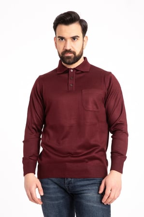 Erkek Bordo Ince Yün Triko Örgü Polo Yaka Baba Kazak