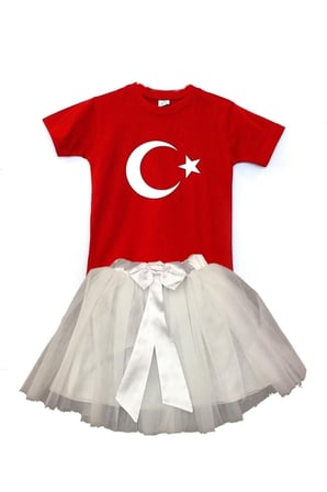 Kız Çocuk 23nisan 29ekim Gösteri Kostüm Doğumgünü Kıyafeti Ayyıldız Kısa Kol & Tütü Etek Takım