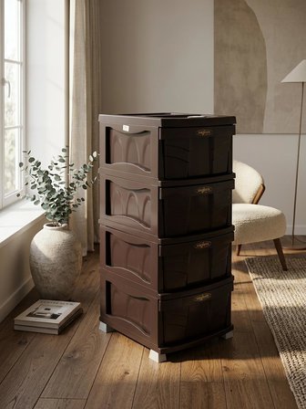 Sağlam Plastik Elegant Düz Komidin (Çok Amaçlı Düzenleyici Dolap 4 Çekmeceli ) Kahverengi