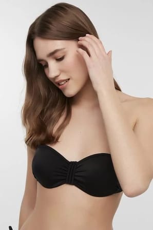 Siyah Basic Straplez Büzgü Detaylı Bikini Üstü