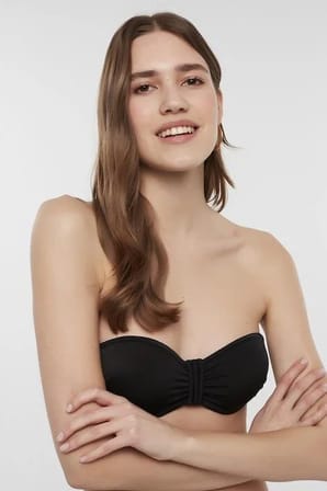 Siyah Basic Straplez Büzgü Detaylı Bikini Üstü