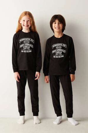 Unisex Çocuk Wonderful Kid Slogan Baskılı Pamuklu Pijama Takımı