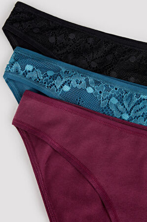 Dantel Detaylı Koyu Ton 3lü Slip Külot