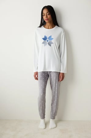 Cute Snowflake Fuzzy Kırık Beyaz Sweatshirt Pijama Üstü