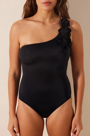 Flower One Shoulder Siyah Mayo