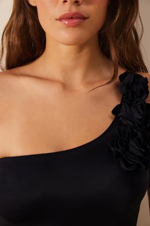 Flower One Shoulder Siyah Mayo