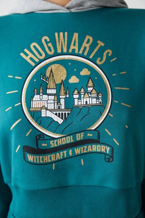 Petrol Yeşili Harry Potter Baskılı Kapüşonlu Sweatshirt