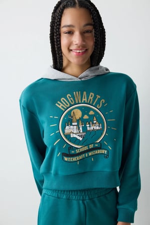 Petrol Yeşili Harry Potter Baskılı Kapüşonlu Sweatshirt