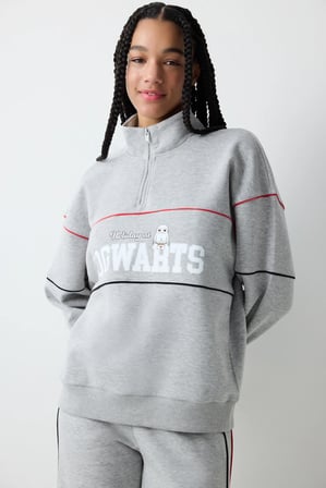 Gri Melanj Yarım Fermuarlı Harry Potter Baskılı Sweatshirt