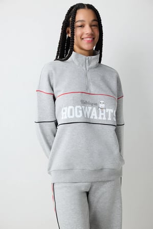 Gri Melanj Yarım Fermuarlı Harry Potter Baskılı Sweatshirt