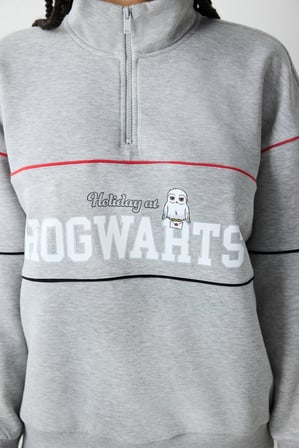 Gri Melanj Yarım Fermuarlı Harry Potter Baskılı Sweatshirt