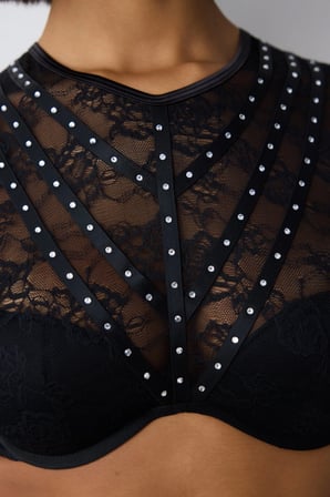 Shinny Lace Dantel Uzun Kollu Siyah Croplet