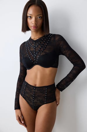 Shinny Lace Dantel Uzun Kollu Siyah Croplet