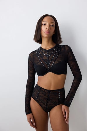 Shinny Lace Dantel Uzun Kollu Siyah Croplet