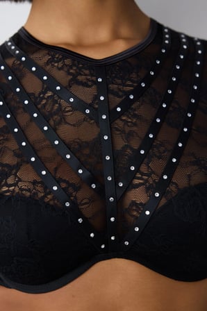 Shinny Lace Dantel Uzun Kollu Siyah Croplet