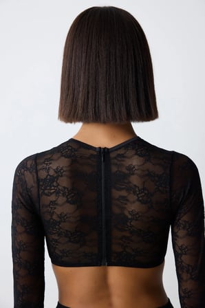 Shinny Lace Dantel Uzun Kollu Siyah Croplet